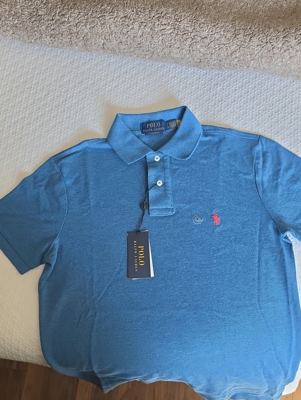 Polo by Ralph Lauren Heathered Blue Short Sleeve Polo with Pink Logo